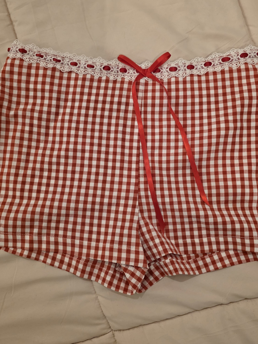 Peppermayo Red and White Gingham Lace-Trim Top with Bow - Picture 2 of 4